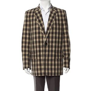Tibi Mens Tristan Plaid Long Blazer Black Yellow Green